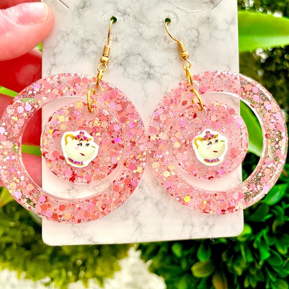 Mrs. Potts Glitter Dangle Earrings - Picture 2 of 5